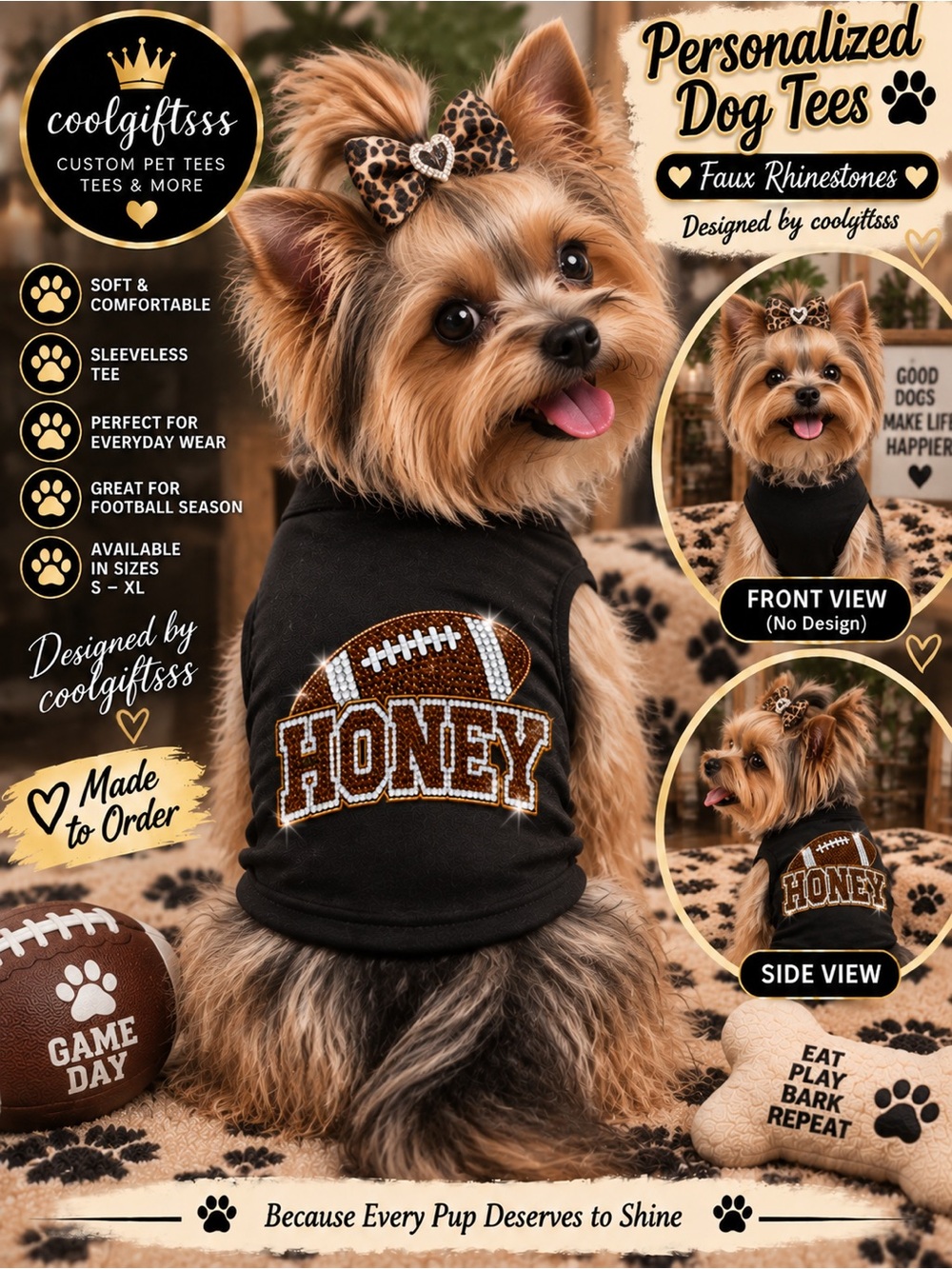 Personalized Dog Football Tees Pet Name Faux Rhinestone Shirt S M L XL